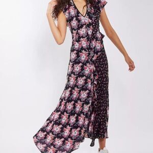 Topshop Black Mixed Print Floral V-Neck Short Sleeve Lace-Up Maxi Dress Size 8US